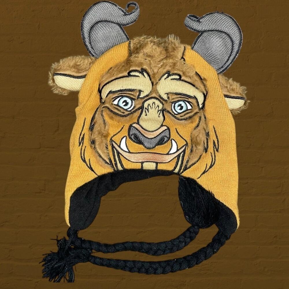 Disney Beauty & Beast Plush Character Costume Hat Beanie Horns Braids Faux Fur